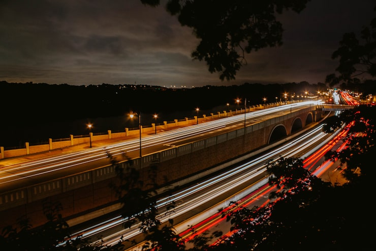 Delivery truck driving through the night