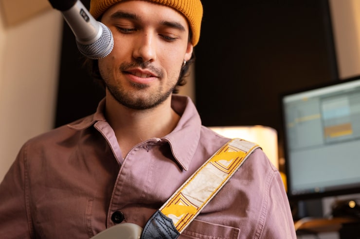 Audio engineer adjusting microphone