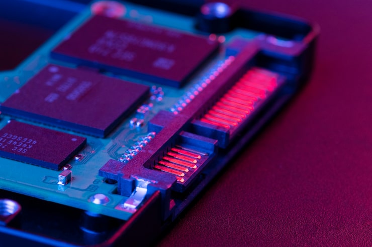 Macro shot of computer RAM memory sticks glowing in the dark