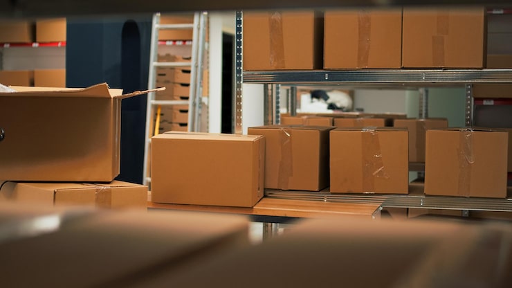 Stacks of cardboard record mailers in a warehouse