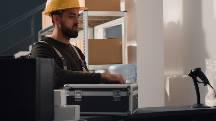 Worker scanning barcode on a vinyl box