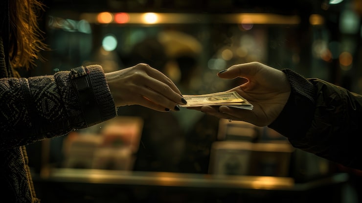 Person buying a record with cash in a dark store